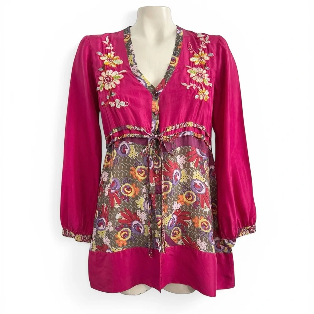 JOHNNY WAS PINK EMBROIDERED BOHO TUNIC TOP SZ S - Picture 4 of 9